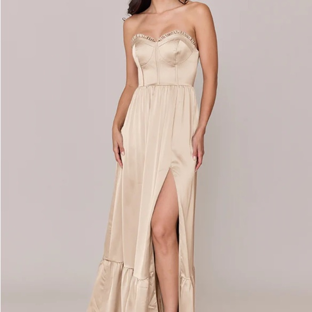 Revelry Gold Strapless Gown with Ruffled Slit